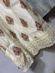 Embroidered Cream lace kurti with trouser