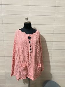 2XL Peach Cable Knit Cardigan with Lace Trim