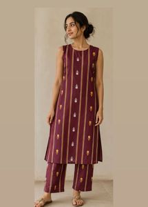 Maroon Striped Kurta Set with Pants