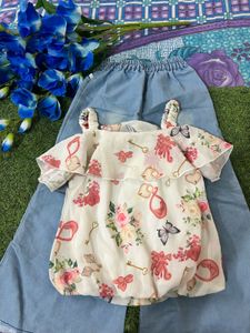 🌸 Cute Floral Off-Shoulder Top with Denim Palazzo