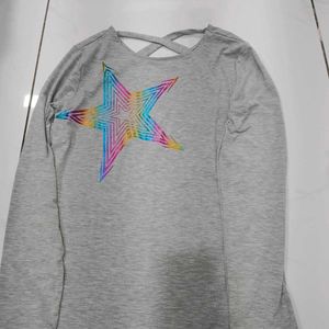 Grey Star Print T-Shirt with Criss-Cross Back