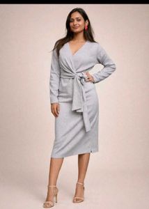 Classy Grey Waist-Tie Midi Dress for Women