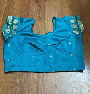 Teal Silk Blouse with Gold Print