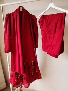Georgette Heavy Embroidered Stitched Suit. Jacket Style Open Kurta(closed with hooks),salwar &amp; Dupatta