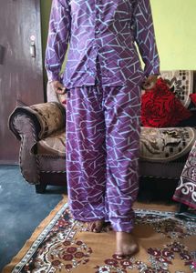 Purple Geometric Print night suit &amp; coat Set