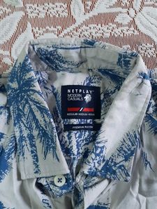 Netplay Men's Blue Palm Print Shirt