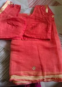 Elegant Coral Peach Saree With Stitched Blouse