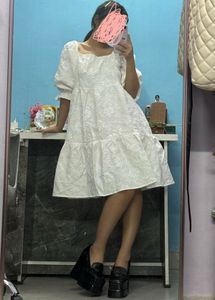 Chic White Puff Sleeve Tiered Dress