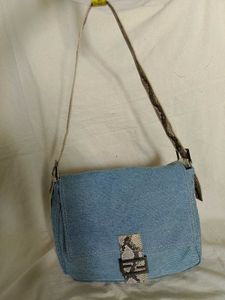 Denim Shoulder Bag with Snake Print Accent