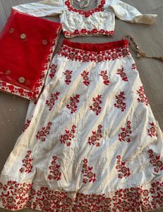 White &amp; Red Embroidered Lehenga Choli Set