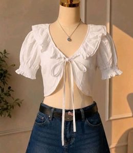 White Ruffle Tie-Front Crop Top