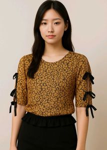 Leopard Print Ribbon Sleeve Top