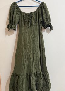 Olive Green Puff Sleeve Maxi Dress