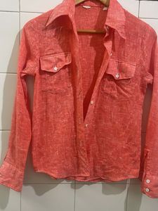 Coral Linen Blend Button-Up Shirt