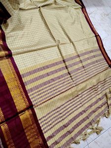 Elegant Beige &amp; Maroon Checked Saree