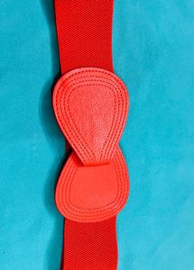 Red Elastic Belt with Faux Leather Detail