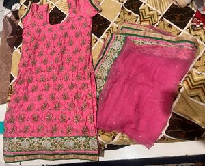 Plus size Pink Kurta with Net Dupatta