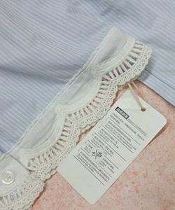 Light Blue Striped Lace Trim Blouse