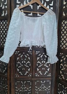 White Ruffled Tie-Front Crop Top