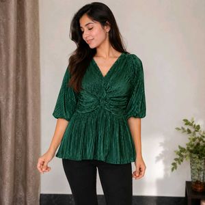 Elegant Green Pleated Twist Front Top