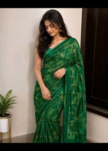 Elegant Green Saree with Golden Print