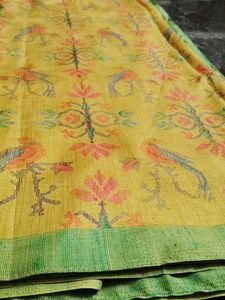 Vibrant Yellow Floral Bird Print Saree