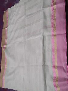 Elegant White Pink Zari Linen Saree