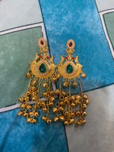 Gold Plated Green Stone Dangle Earrings
