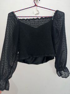 Chic Black Ruffle Sheer Sleeve Top