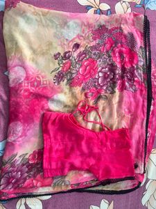 Beautiful Floral Chiffon Saree wth black lace bord