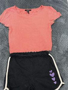 Forever 21 Coral Ribbed Crop Top & Black Shorts Se