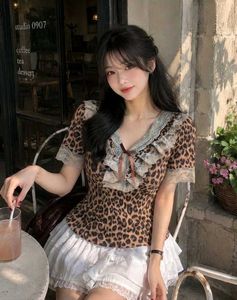 New with tag Korean Leopard Print Ruffle Trim Top