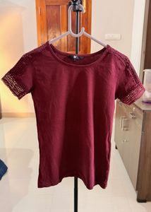 Maroon T-Shirt with Lace Details
