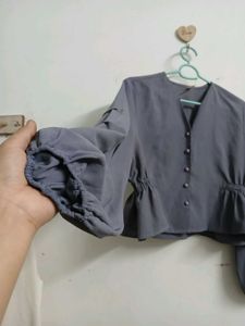 Chic Grey Peplum Button-Up Blouse