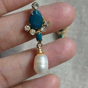 Blue stone pearl drop earrings