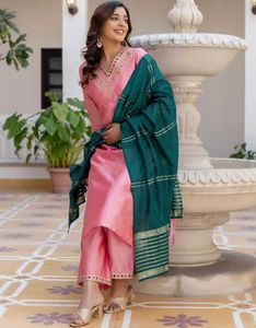 Elegant Pink Kurti with Teal Dupatta