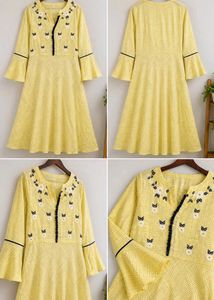 Women's Pastel Yellow Embroidered Cotton A-Line Mi
