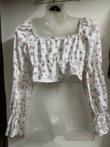 White Floral Print Square Neck Top