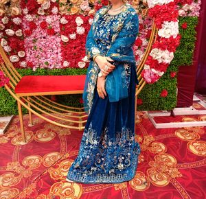 Velvet Blue Embroidered short kurti with skirt