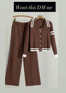 Brown Knit Cardigan & Wide Leg Pants Set