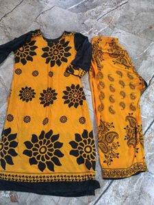 Yellow Kurta with Black Floral Print