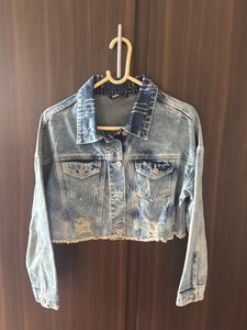 Cropped Denim Jacket with Distressed Details