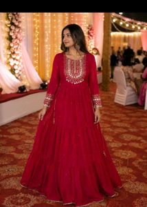Elegant Red Tiered Anarkali Gown