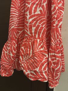 Coral Leaf Print Tiered Midi Dress