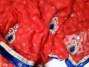 Red & Blue Embellished Saree