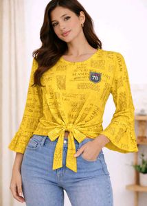 Newspaper Print Tie-Front Bell Sleeve Top (yellow)