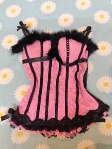 Pink & Black Lace Fur detail coquette bustier top