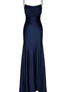 Elegant Navy Blue Satin Maxi Dress – Ruched Neckli