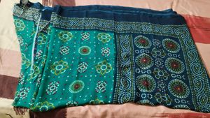 Teal Green Printed Bandhani Sari with blouse piece