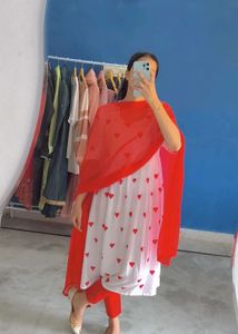 White frock Set with Red Hearts duppta trouser